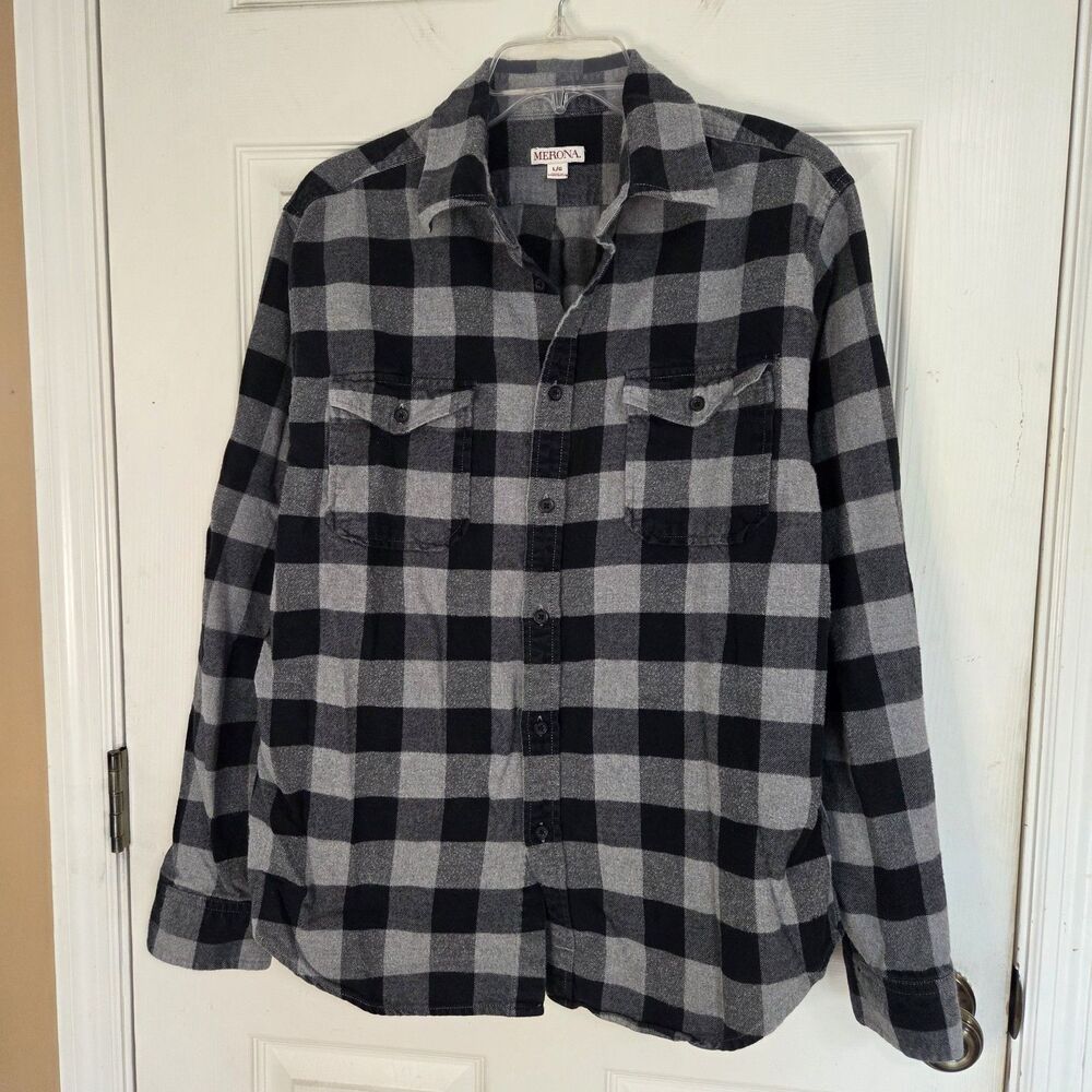 Merona Men's Flannel Shirt Large Fits M Black Gray Plaid Soft Long Sleeve